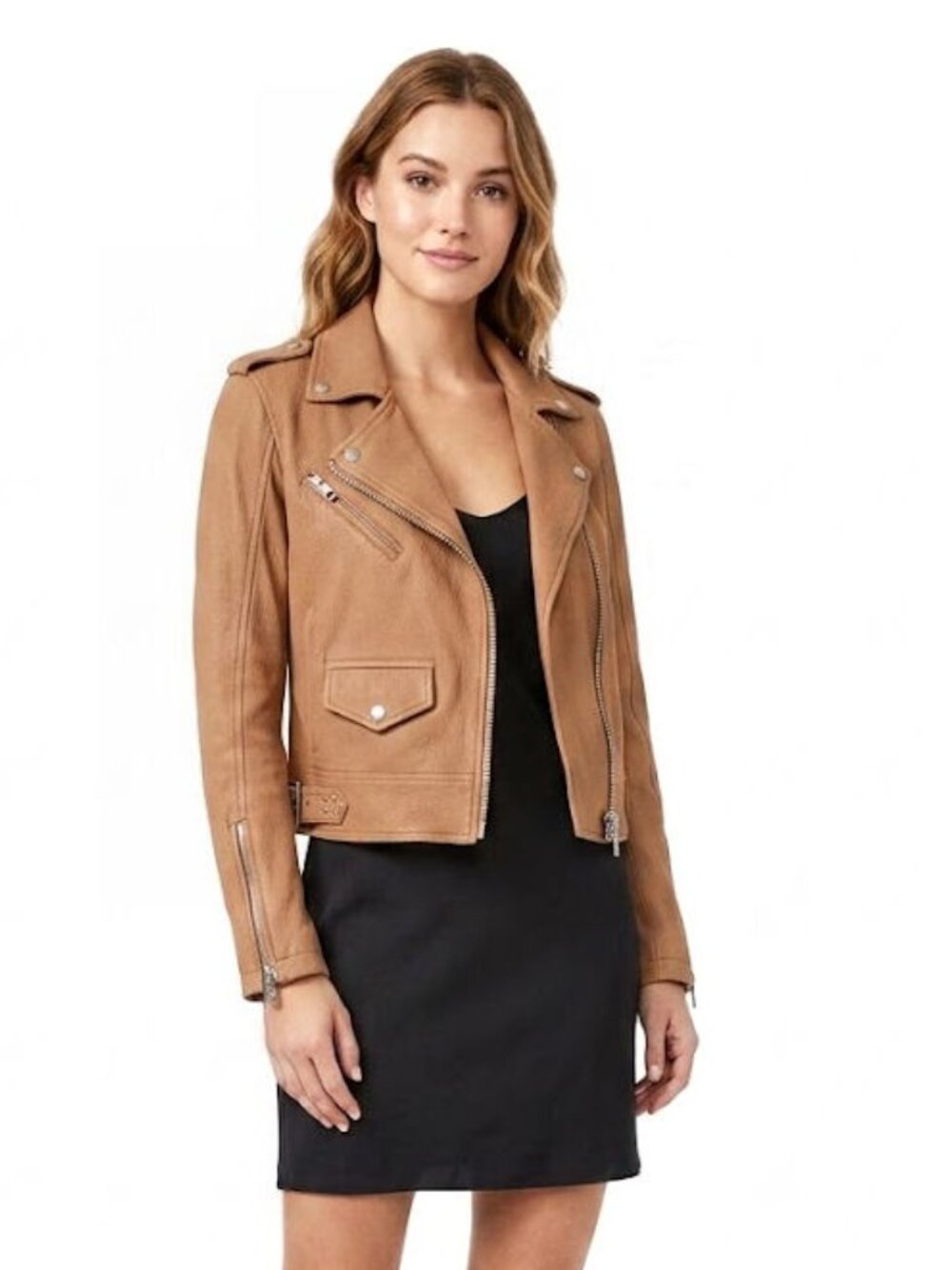 BLANK NYC Denim Textured Cotton Moto Jacket, Tan / Brown, Womens X-Small NWOT